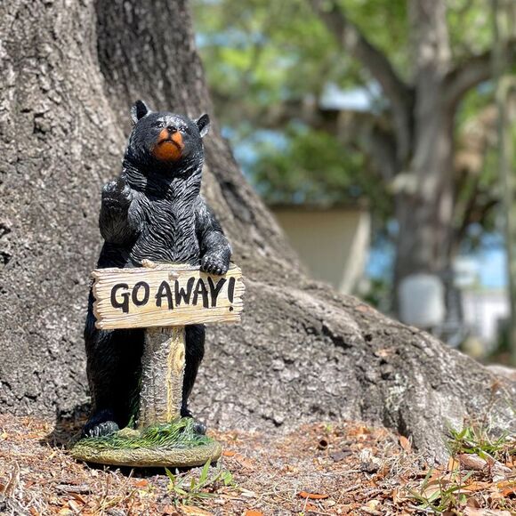 Rude Black Bear Statue with Go Away Sign 15 Resin Outdoor Garden Cabin Decor